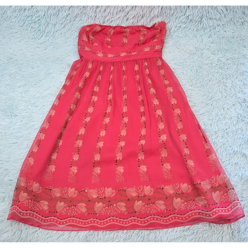 J.CREW Coral Pink Floral Silk Chiffon Strapless Beaded Lined Dress Size 4